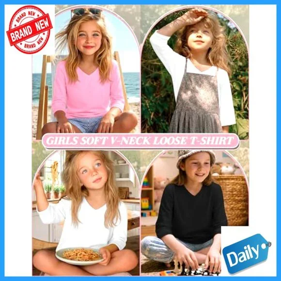 Girls 3-Pack 3/4 Sleeve V-Neck Tees Soft Loose Fit Lightweight Blouses